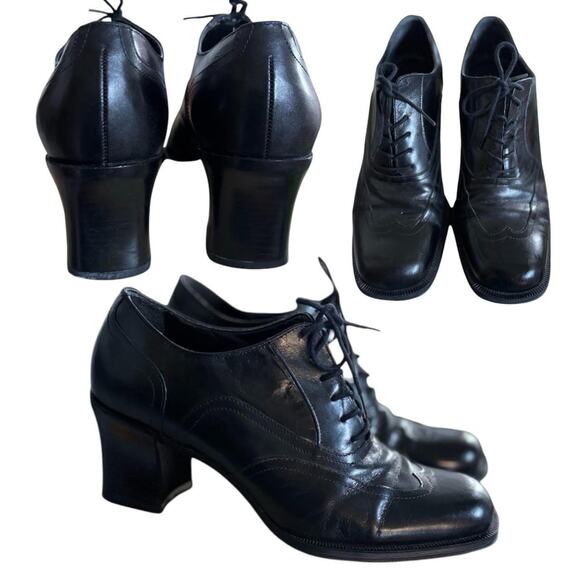 90'S VINTAGE‎ BLACK LEATHER OXFORD HEELS LACE UP SZ. 5 1/2 - Picture 3 of 7